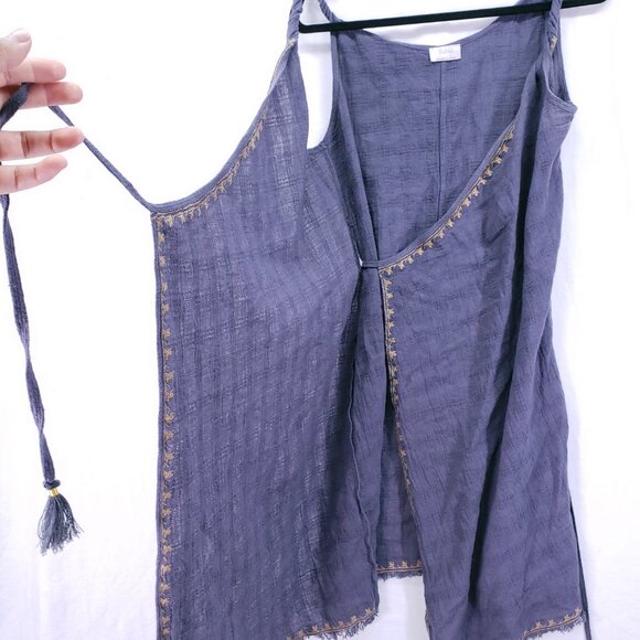 Wrap Designed in London Blue Gray Linen Blend Embroidery Wrap Mid Dress 8 - Picture 13 of 16